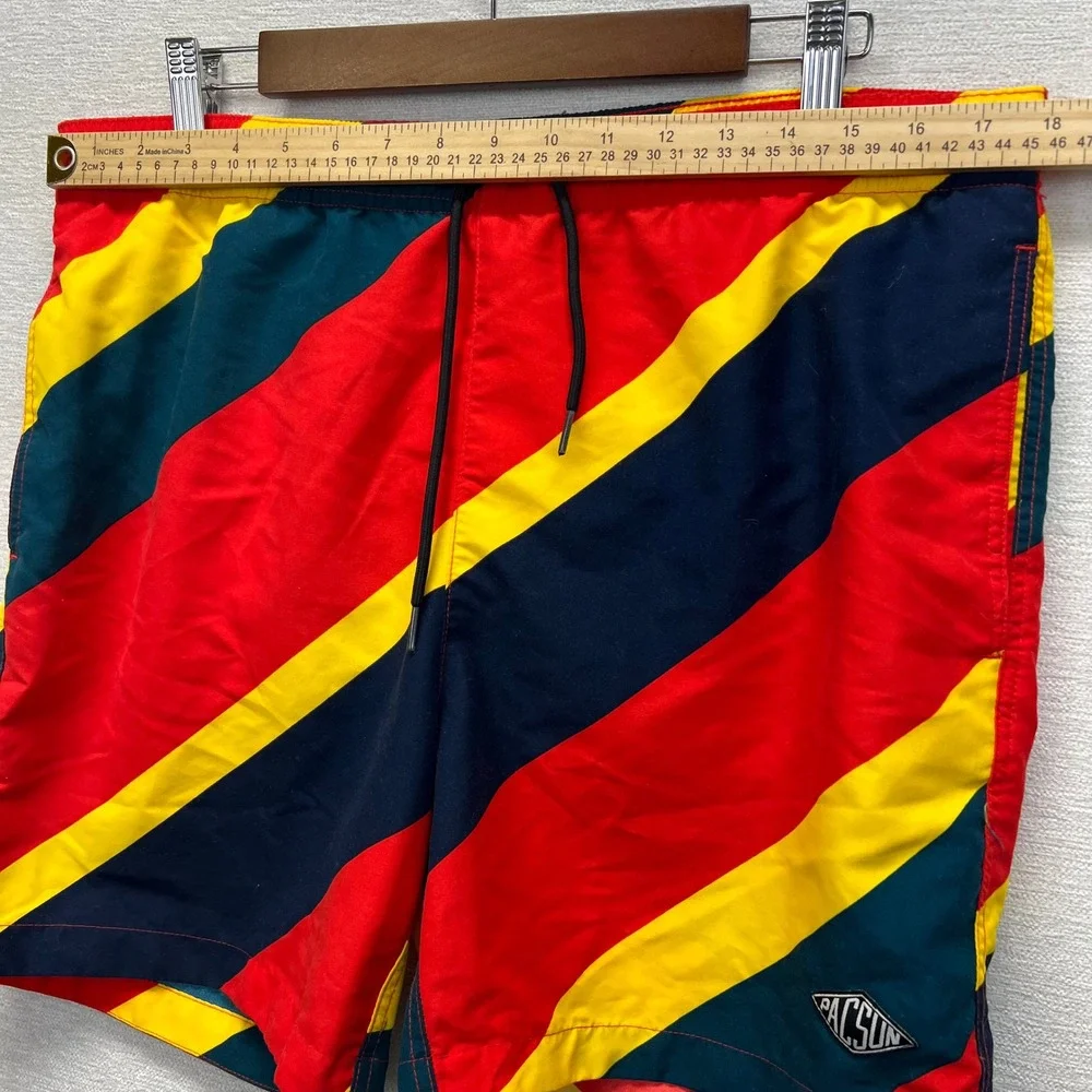 PacSun Swim Trunks Mens Large Red‎ Yellow Navy Diagonal Striped Board Shorts